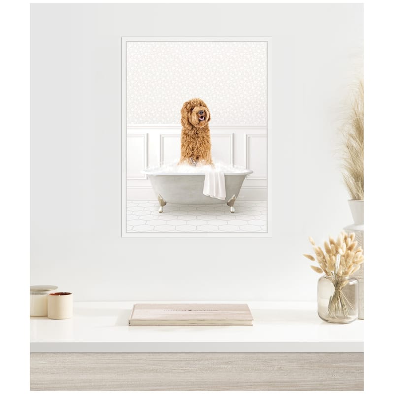 Kate and Laurel Sylvie Golden Doodle in White Bathtub Framed Canvas by Amy Peterson