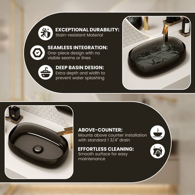 Transparent Resin Vessel Bathroom Sink Included Pop-up Drain and Drain Hose, Modern Above Counter Wash Basin with Center Drain