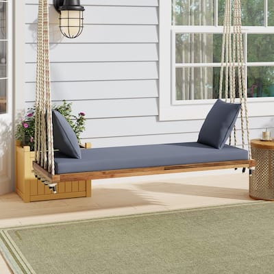 Natural Patio Wooden Swing Chair, Hanging Porch Swing Bench with Cushion&Pillows