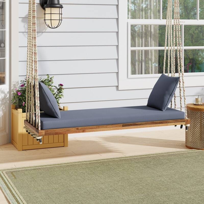 Porch Wooden Swing Chair with Hemp Ropes, Patio Hanging Swing Bench with Cushion & 2 Pillows - Natural