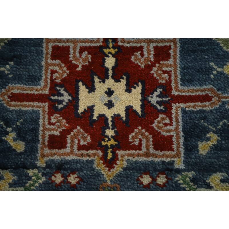 Hand Knotted Oriental 100% Wool Carpet Traditional Geometric Navy Blue & Blues Kazak Runner Rug - 8' 3'' X 2' 6''