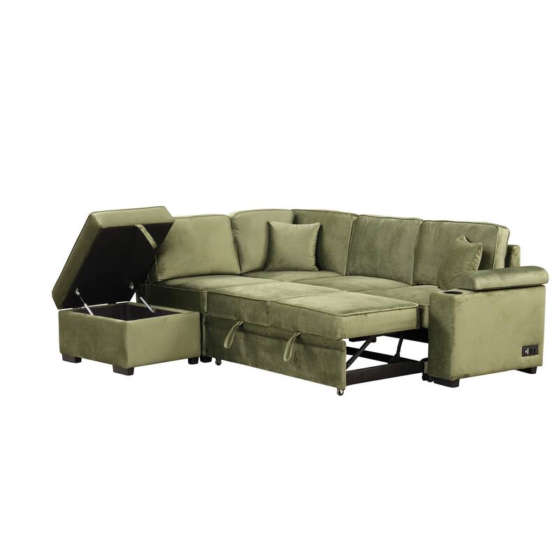 Sleeper Sofa Bed with Storage Ottoman, 2 in 1 Convertible Sectional Sofa Couch, Velvet 4-Seater Sofa with Cup Holder