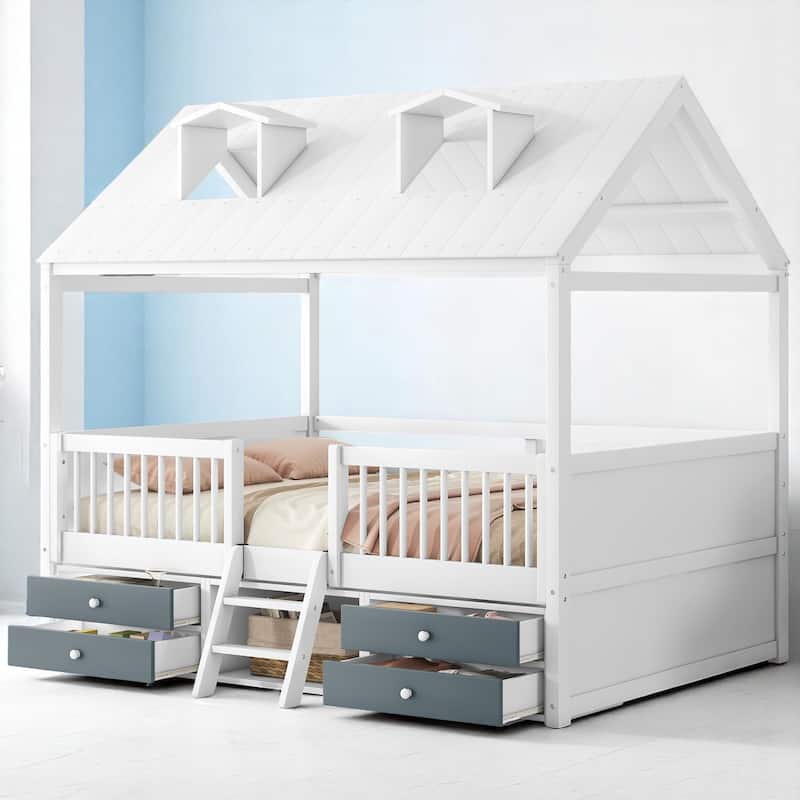 Twin/Full Size Wooden House Bed Frame with Skylight Roof, Drawers, Shelves and Ladder