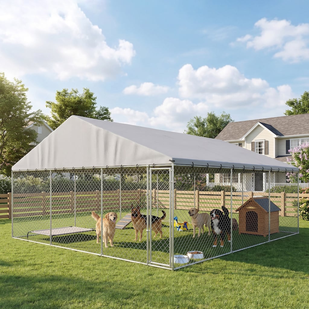 PawHut Outdoor Dog Kennel, Chain Link Enclosure with Waterproof Roof, Secure Lock, 20' x 20' x 10'