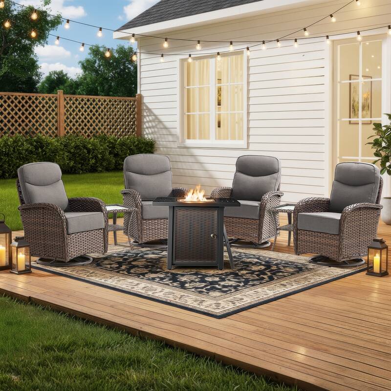 Pocassy Outdoor Sofa Swivel Chair and Ottman with 30in Fire Pit Table - Brown Wicker Gray Cushion - 7-Piece Swivel Chiar with Fire Table