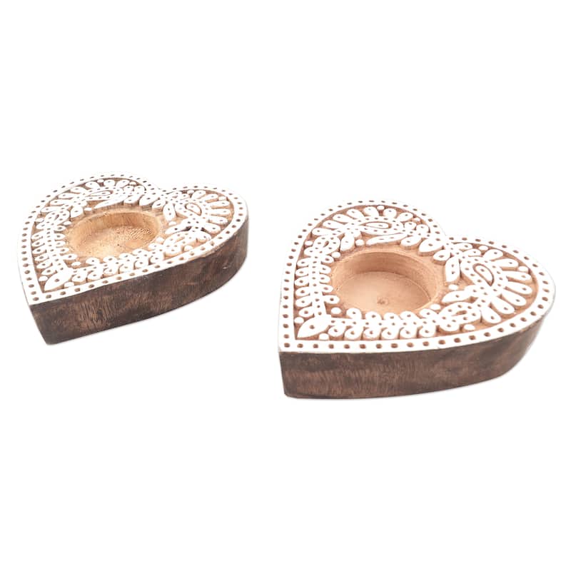 Novica Handmade Warm Heart Wood Tealight Candle Holders (Pair)