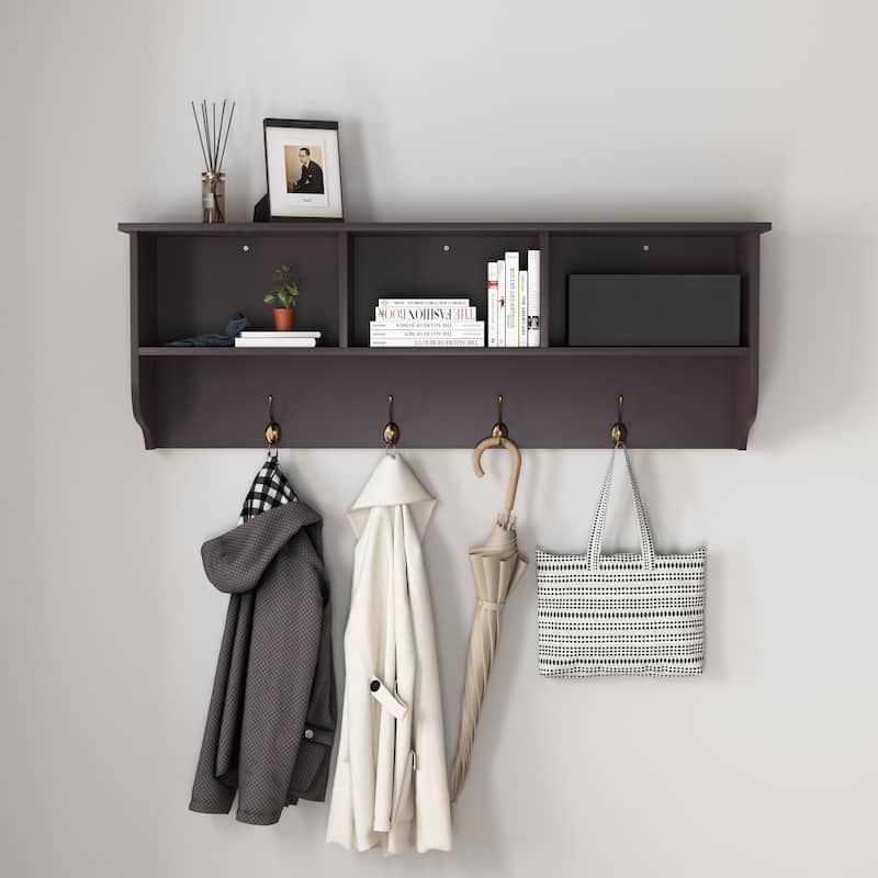 Espresso Entryway Wall Mounted Coat Rack with 4 Dual Hooks Living Room Wooden Storage Shelf - Espresso