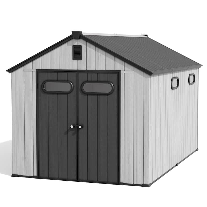 8' x 8' / 8' x 10'/ 8' x 12' Outdoor All-weather Rust-Resistant Resin Storage Garden Shed with Floor, Doors, Skylight & Vent
