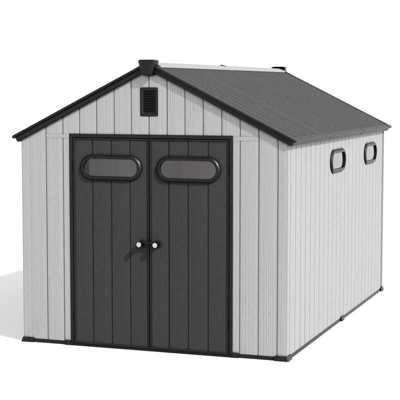 8' x 8' / 8' x 10'/ 8' x 12' Outdoor Storage Shed with Lockable Double Doors for Garden, Backyard, Patio - 8' x 12' - Light Grey