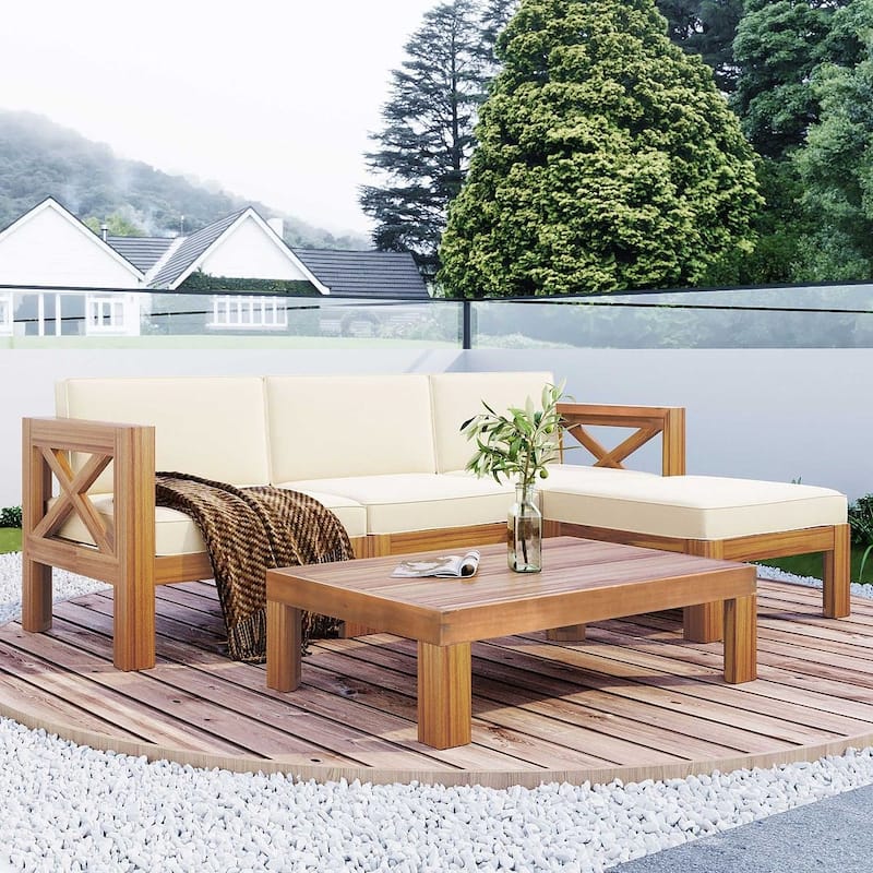 PCS L Shaped Patio Furniture Set, Wood Outdoor Sectional Sofa