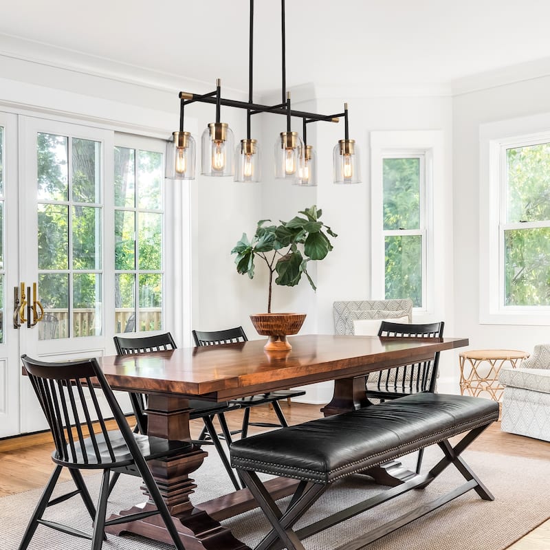 Modern Farmhouse 6-light Black Gold Linear Chandelier Islands Lights for Dining Room - L 27.5" x W 13" x H 11.5"