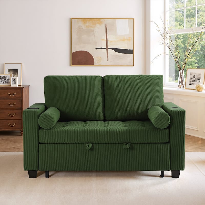 Corduroy Convertible Loveseat Sofa Bed Recliner with Cup Holder, USB Ports & Storage