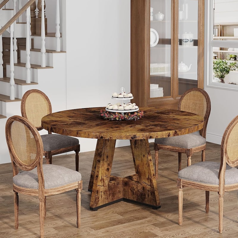 47" Round Wood Dining Table 4-Seater Farmhouse with Wooden Tabletop Cross Base for Dining Room/Kitchen