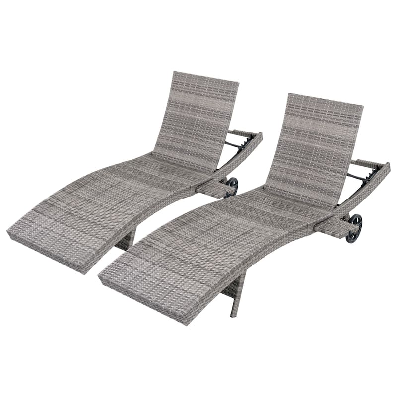 80"Patio Chaise Lounge Chairs Set of 2, Rattan Reclining Chair w/Rolling Wheels & Pull-out Side Table, Adjustable Backrest