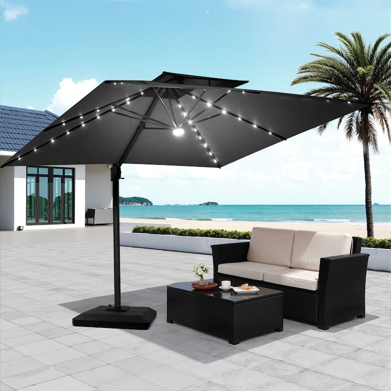 Pellebant 9x11FT Outdoor Dual Top Cantilever Patio Umbrella LED Light with Premium Base Stand - Black