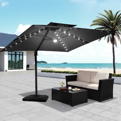 Pellebant 9x11FT Outdoor Dual Top Cantilever Patio Umbrella LED Light with Premium Base Stand