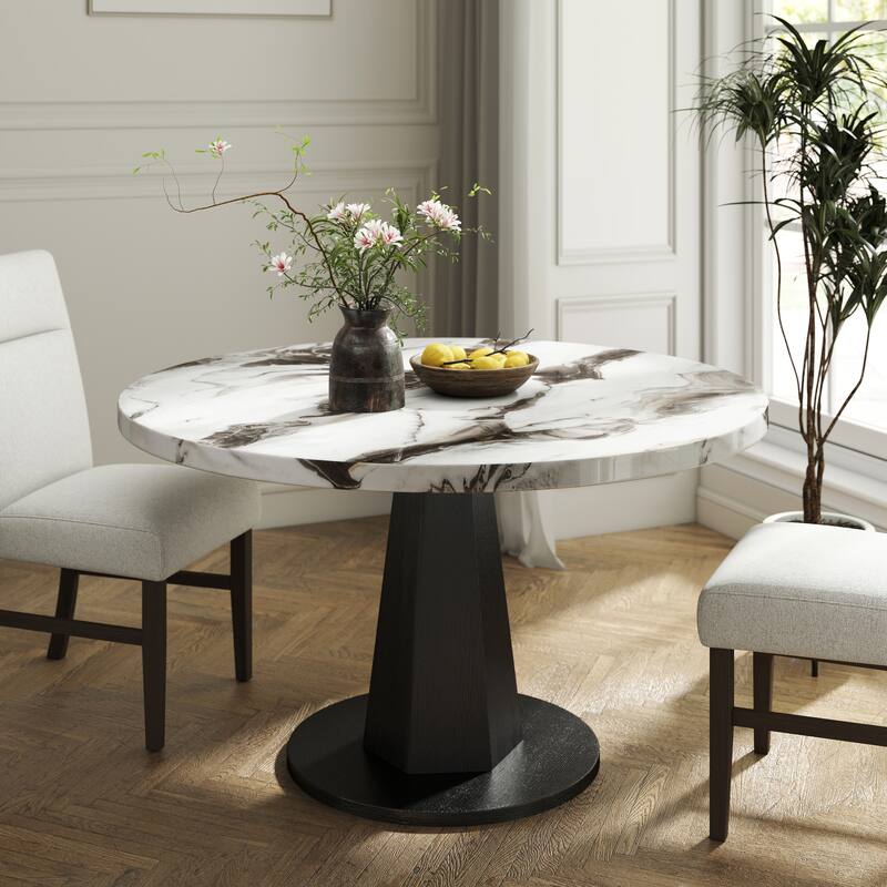Roundhill Furniture Cavira Modern Faux Marble Dining Table with Wood Pedestal Base