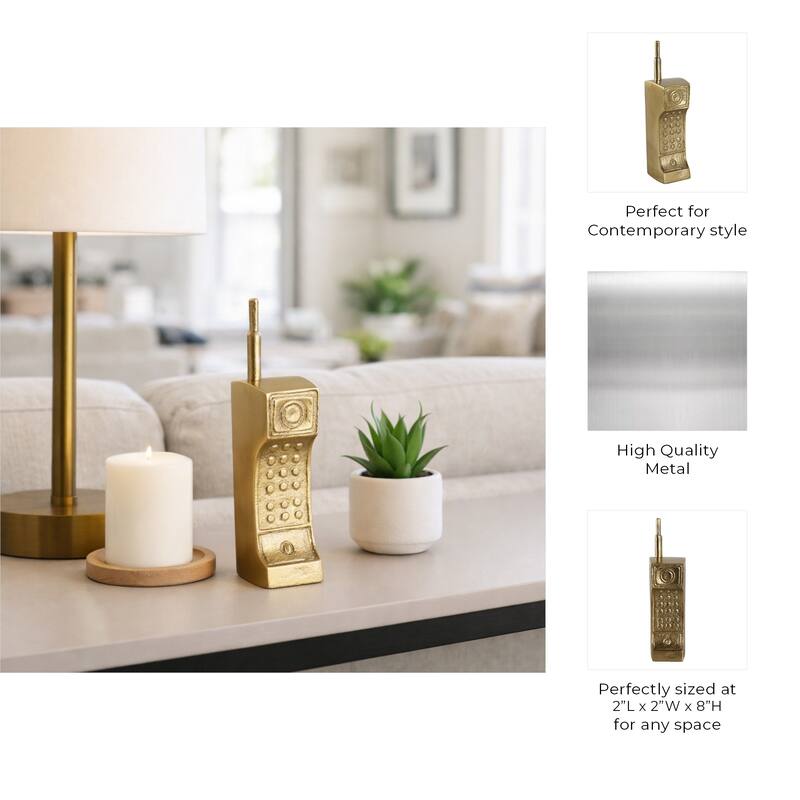 Decorative Metal Cordless Phone Figurine Sculpture - 8", Gold - 8.0"