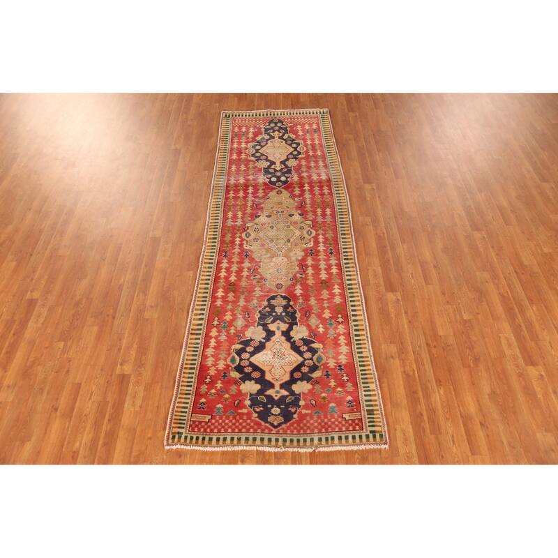 Hand Knotted Oriental 100% Wool Carpet Traditional Geometric Pink Tabriz Runner Rug - 9' 7'' X 3' 3''