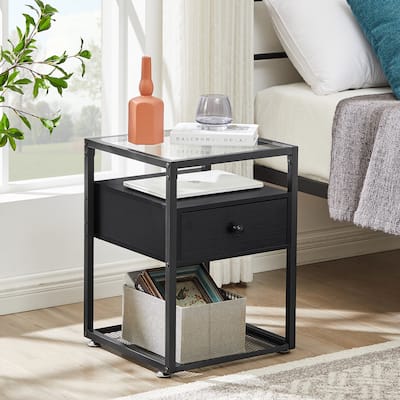 Javlergo Modern 1-Drawer Nightstand with Glass Top and Storage Shelf