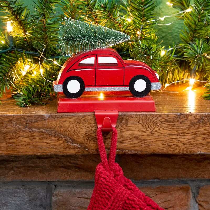 Glitzhome Christmas Dachshund Reindeer Red Car Stocking Holders Rustic Mantel Ornament