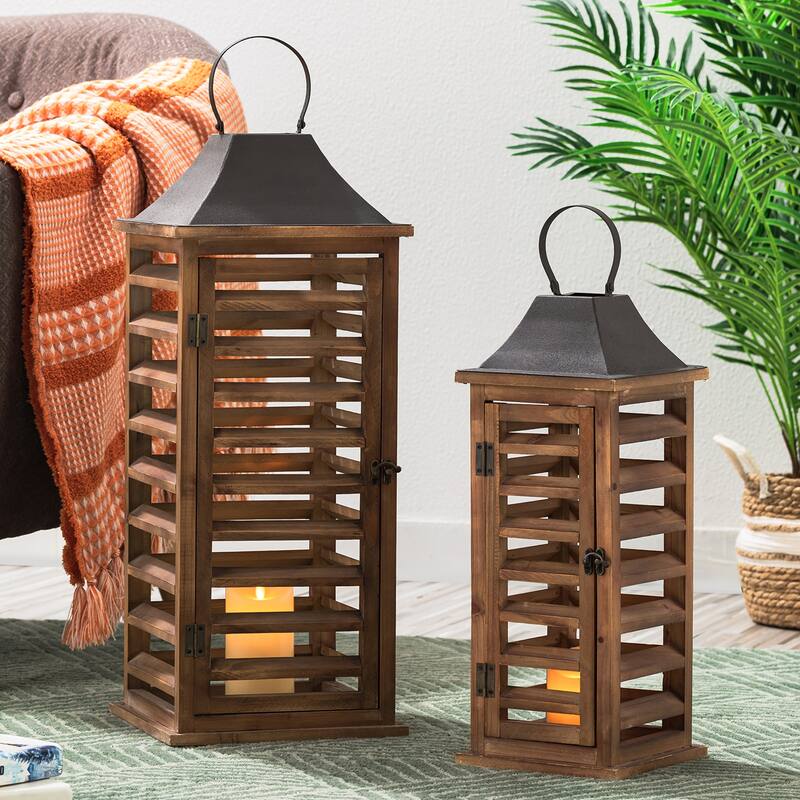 Glitzhome Set of 2 Modern Wooden Shutter Floor Candle Lanterns Fall Wedding Decor