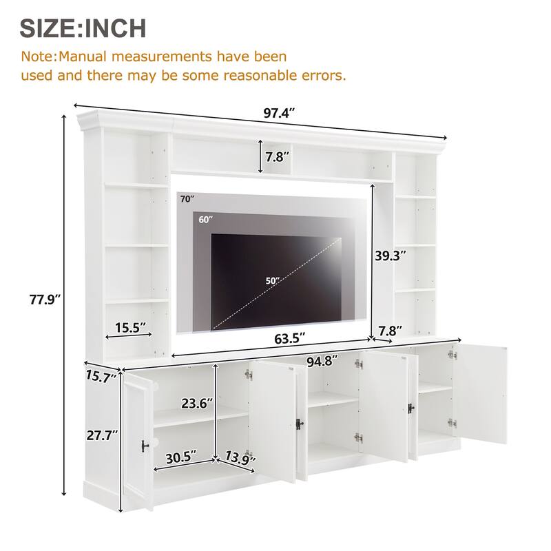 4-Piece Wall Unit Entertainment Center with Bookshelf for TVs Up to 70", Mid-Century Modern 97.4" TV Stand with Adjustable Shelf