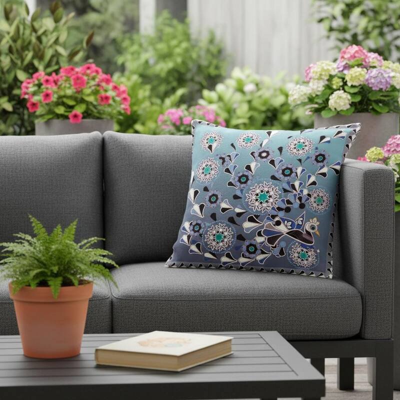 HomeRoots Set of Two 16" X 16" Blue and Purple Peacock Blown Seam Floral Indoor Outdoor Throw Pillow - 16.00' X '16.00' X '5.00 - Blue/Purple - 16.00' X '16.00' X '5.00