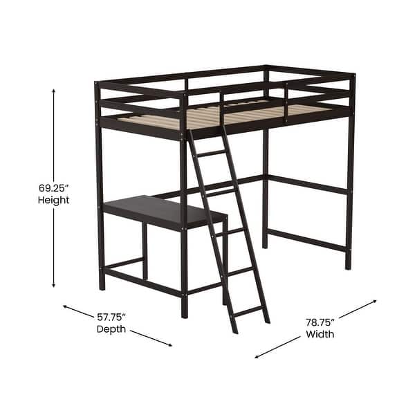 dimension image slide 2 of 6, Traditional Wood Slat Loft Bed with Integrated Desk & Ladder