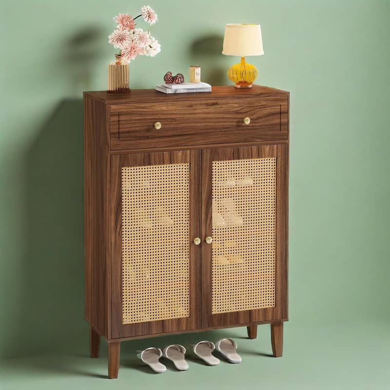 Modern Shoe Cabinet with Adjustable Shelves and Drawer Rattan Panels for Entryway Storage - 31.49”L x 15.74”W x 43.3”H