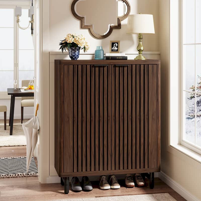Large Modern Shoe Storage Cabinet with Adjustable Shelves - Brown