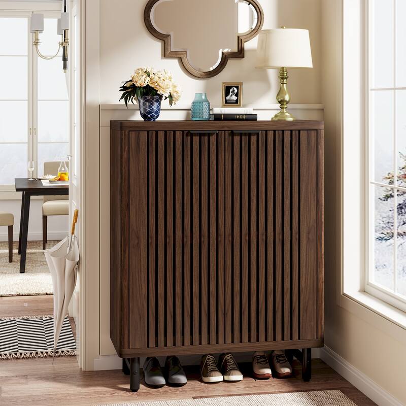 Wooden Shoe Cabinet with Shutter Doors, Adjustable Shelves Large Hidden Storage Organizer Rack for Entryway Hallway