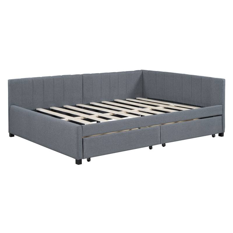 Full Size Upholstered Daybed with 2 Storage Drawers Sofa Bed Frame No Box Spring Needed, Linen Fabric