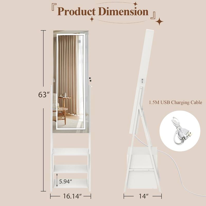 VECELO Standing Jewelry Cabinet Armoire with Adjustable LED Lights and Multi-functional Storage Shelf Drawers