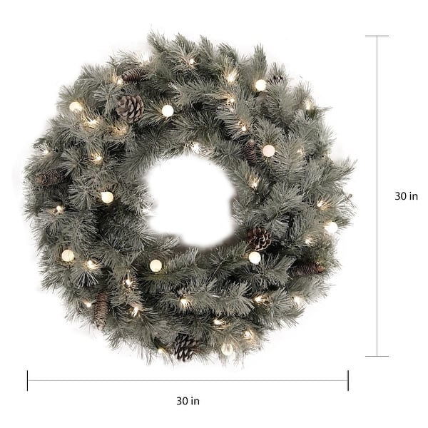 30-inch Winter Pine Wreath with Battery-powered LED Lights - 30