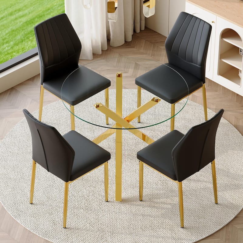 5 Piece Dining Table Set with 39 Inch Round Glass Top X Shaped Metal Base and 4 PU Chairs - Black+Gold,Transparent