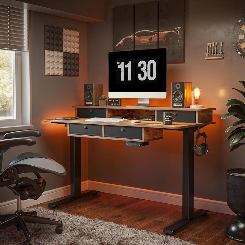FEZIBO Sturdy Height Adjustable Electric Standing Desk with Drawers, Stand Up Table with Large Storage Shelf, Sit Stand Desk - Rustic Brown - 24"D x 55"W x 27"H