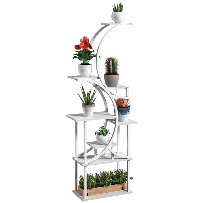 Eight-Tier Corner Plant Stand with S-Shaped Steel Frame and Fir Wood Shelves for Home Decor - 24.4" W x 10.2" D x 61.8" H - White