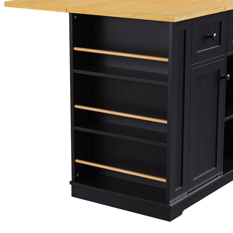 53.14'' Kitchen Island with 2 Bar Stools, Power Outlet,Door Internal Storage Rack, Drop Leaf, 5 Open Side Racks, 3 Drawers