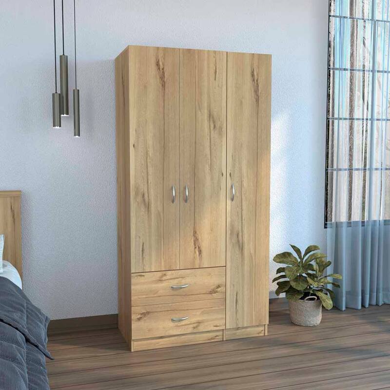 18.5" Modern Three-door Armoire with Hanging Rod, Two Bottom Drawers and Four Interior Shelves