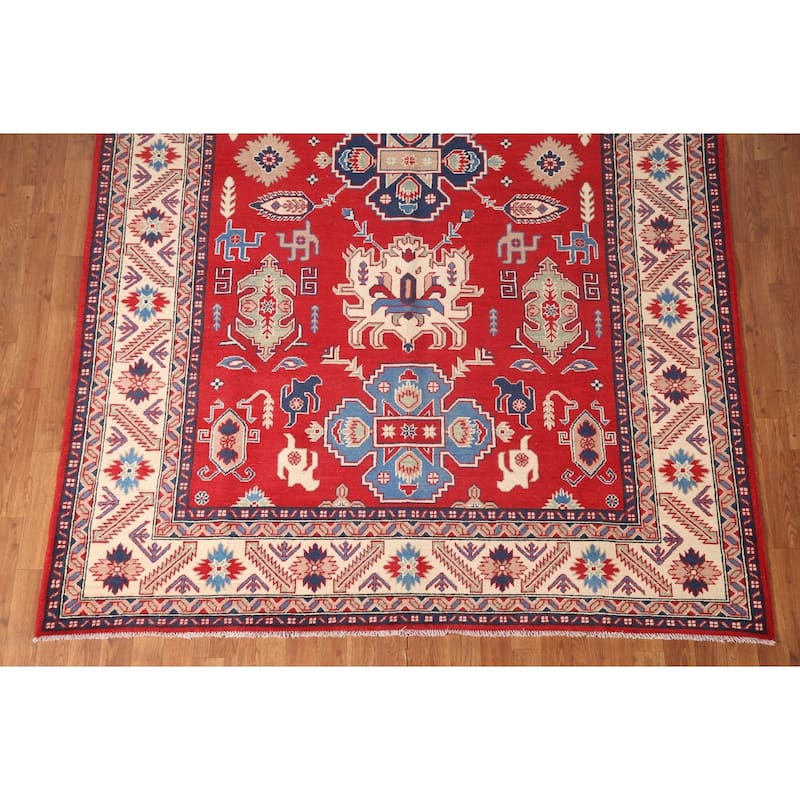 Red Geometric Kazak Area Rug Hand-Knotted Living Room Wool Carpet - 6'8" x 9'9"