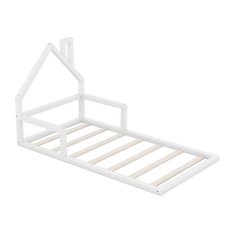 Full Size Wooden Floor Bed with House-Shaped Headboard, Sturdy Pine Frame