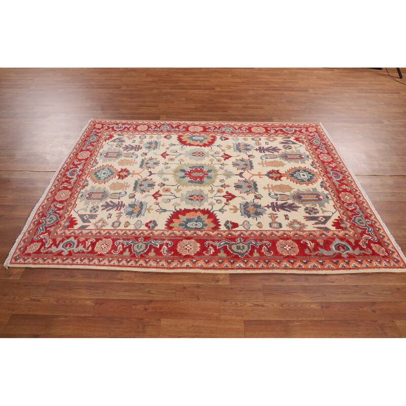 Blue Geometric Kazak Area Rug Hand-Knotted Oriental Wool Carpet - 4'11" x 6'7"