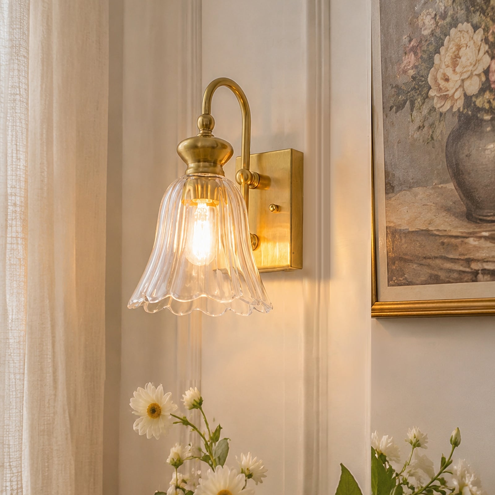1-Light Clear Flower Glass Wall Sconce Bathroom Vanity Light