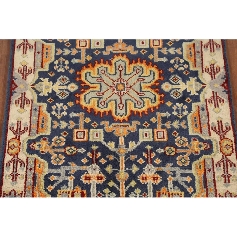 Blue Geometric Kazak Indian Accent Rug Handmade Wool Carpet - 2'11"x 5'0"
