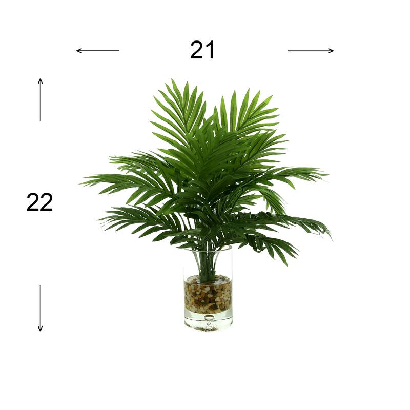 Organic Modern Palms Arrangement in Glass Bubble Vase with Rocks - Green