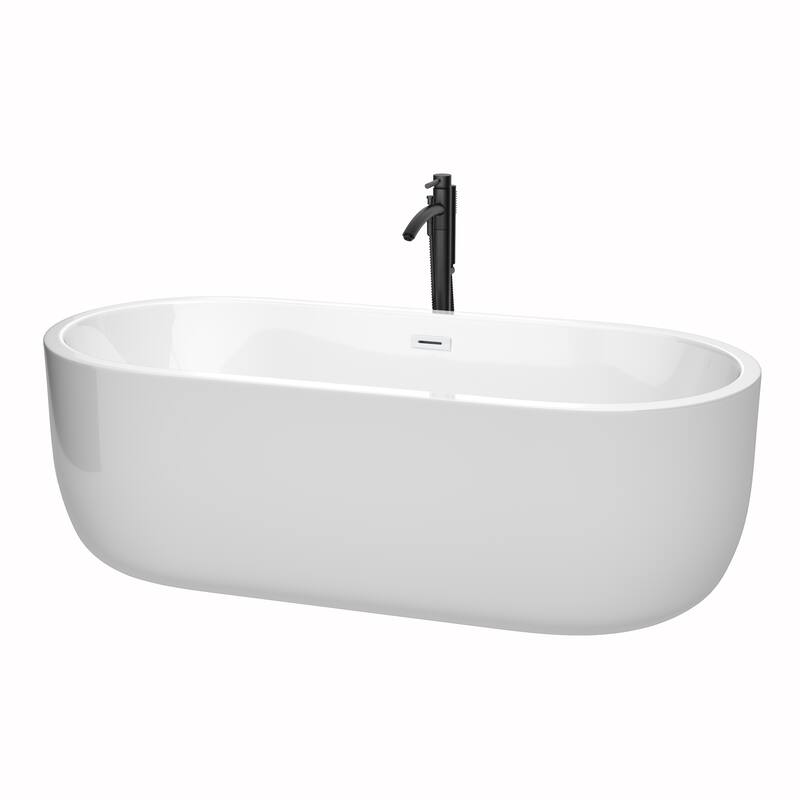 Wyndham Collection Juliette 71-inch White Freestanding Soaking Bathtub - White, Shiny White Trim & Matte Black Faucet