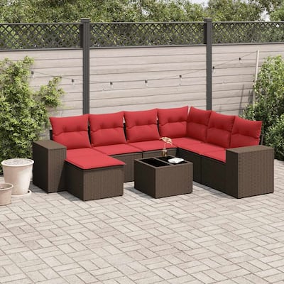 vidaXL 7/8 Piece Patio Sofa Set with Cushions Black/Brown/Gray Poly Rattan - 24.4 x 24.4 x 27.2