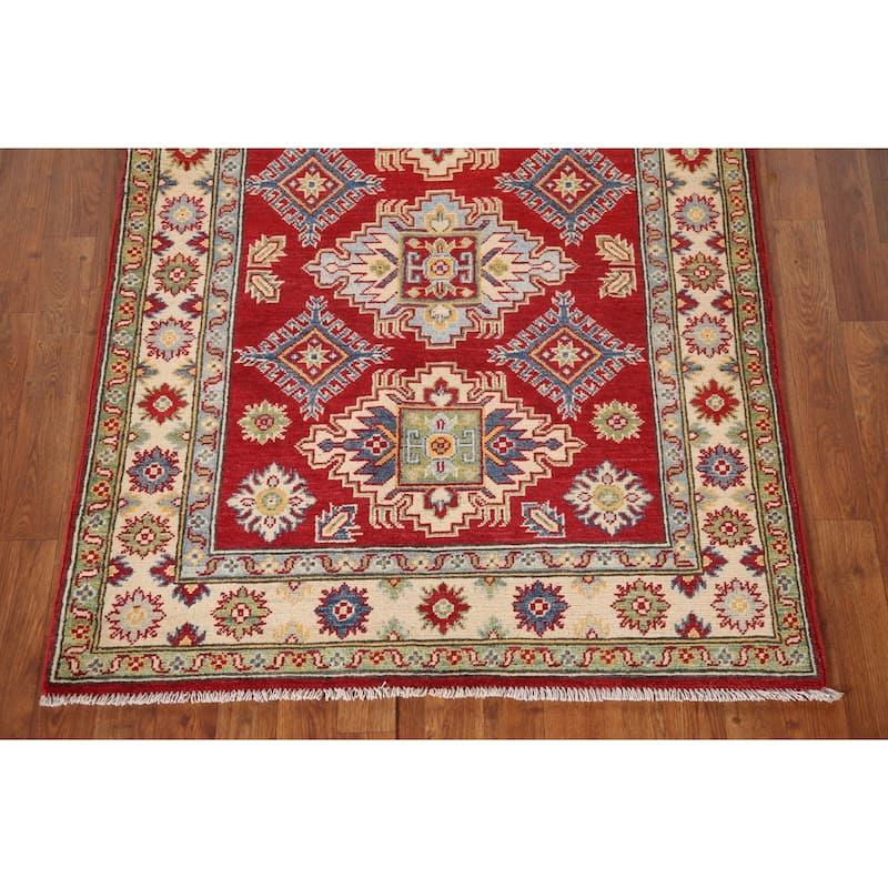 Red Geometric Kazak Oriental Accent Rug Handmade Wool Carpet - 3'6"x 4'9"