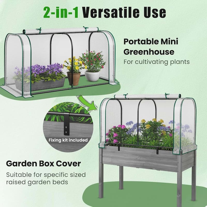 Raised Garden Bed w/ Cover Wood Elevated Planter Box /Mini Greenhouse